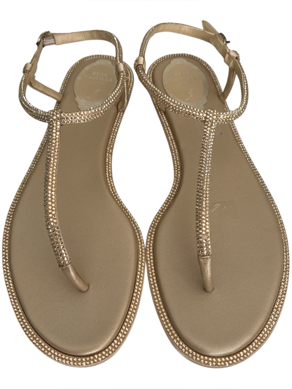 Rene Caovilla Diana Crystal Embellished Flat Thong Sandals Gold/Tan - 38/7.5-8